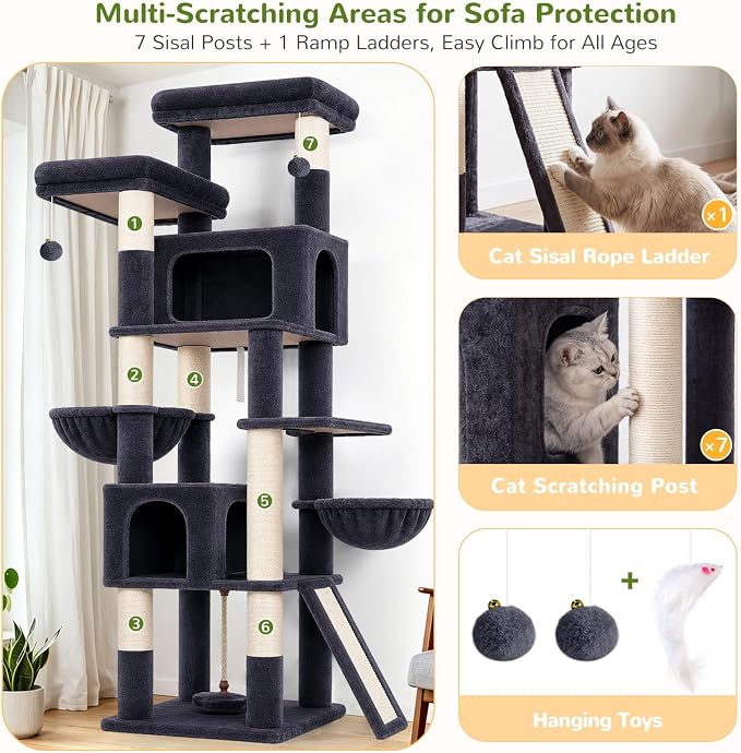 Globlazer 75in Tall Cat Tree Tower for Indoor Cats, F75B, Dark Grey | Large Cat Tree for Indoor Cats Large Adult, Multi-Level Cat Tower with 7 Scratching Posts, 2 Cat Condos, 2 Top Perches