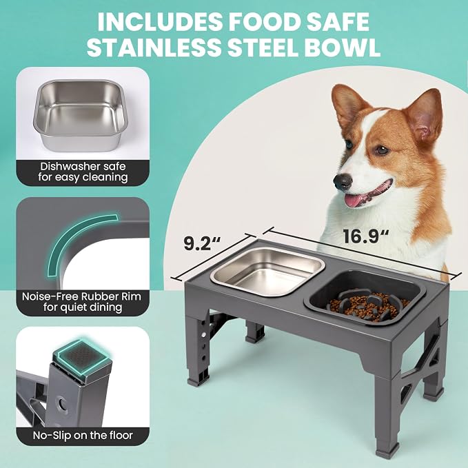 Niubya Elevated Dog Bowls, with Slow Feeder Bowl and Stainless Steel Dog Food Bowl, Raised Dog Bowls Adjusts to 5 Heights (3.15", 8.66", 9.84",11.02", 12.2") for Small Medium and Large Dogs
