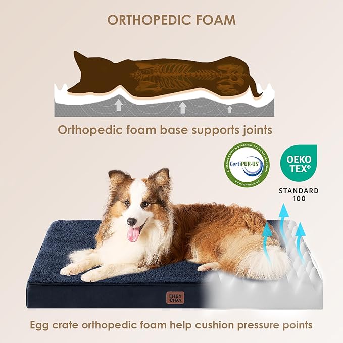 EHEYCIGA Orthopedic Dog Bed Large with Removable Washable Cover, 41IN Navy | Egg Crate Foam Support, Durable Oxford fabric, Non-Slip Bottom, Machine Washable, Soft Waterproof Plush Pet Bed Mat For Crate