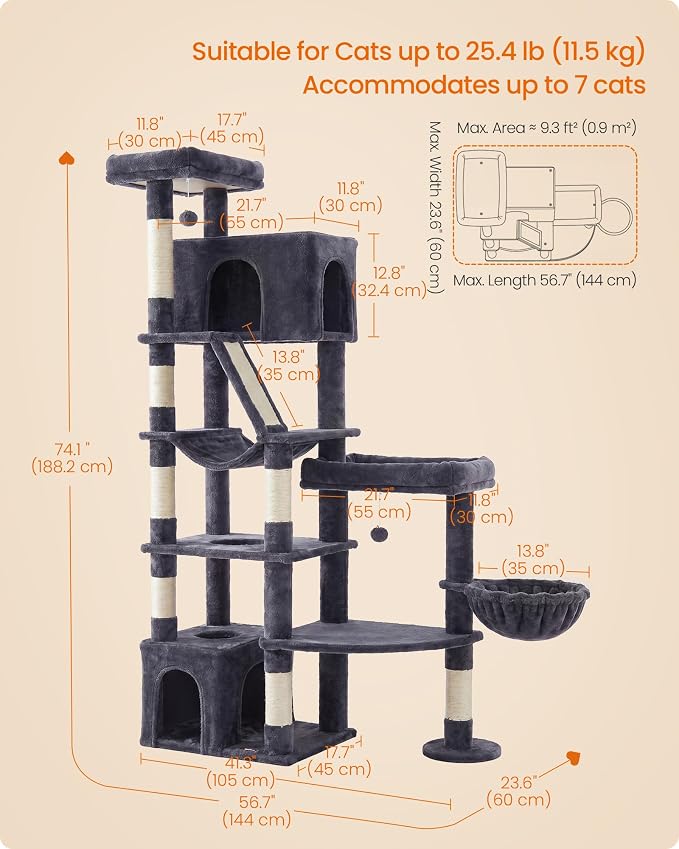 Feandrea 74.1-Inch Cat Tree Tower for Indoor Extra Large Cats, with Scratching Posts, Scratching Board, Multi-Level Design, Dark Gray UPCT016G201S