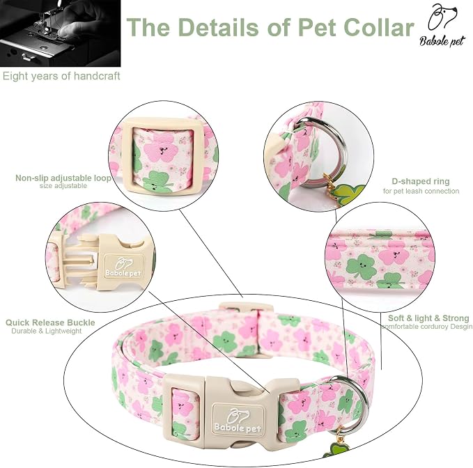 St Patricks Day Dog Collar for Giant Large Dogs - Cute Light Pink Shamrock Girl Dog Collars, Adjustable Irish Clover Puppy Collar with Quick Release Buckle XL