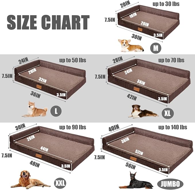 Patas Lague Orthopedic Large Dog Bed Washable Pet Sofa Bed 48''X30''Brown | 2-Sided Bolster Egg-Crate Foam Dog Couch Large Sized Dogs, Waterproof Removable Washable Cover, Nonskid Bottom Pet Crate Mat