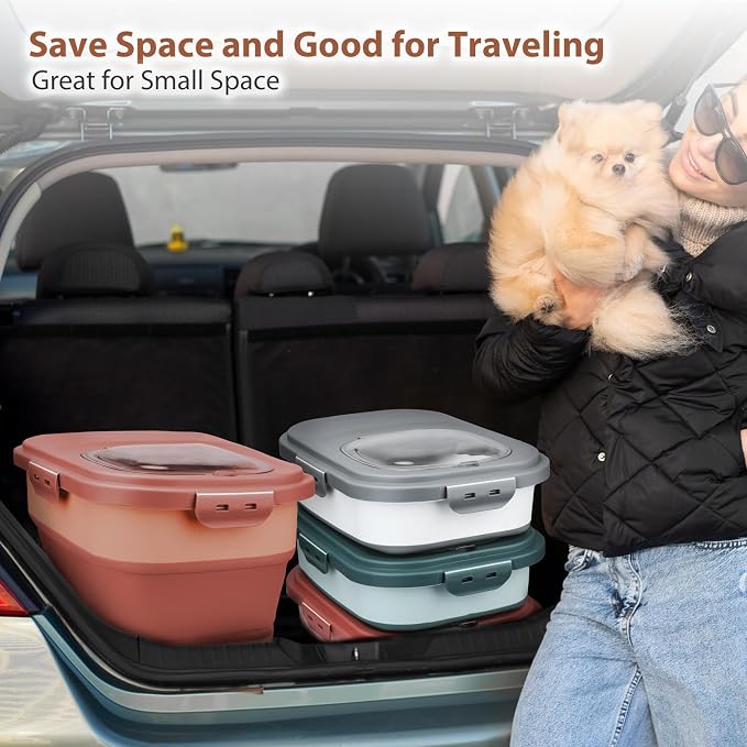 Viretec Dog Food Storage Container, 10-20Lbs Collapsible Pet Food Storage Containers with Rolling Wheel Airtight Locking Lid, Dry Food Storage Bin with Cup and Scoop,Suitable for Pet Food, Rice, Flour
