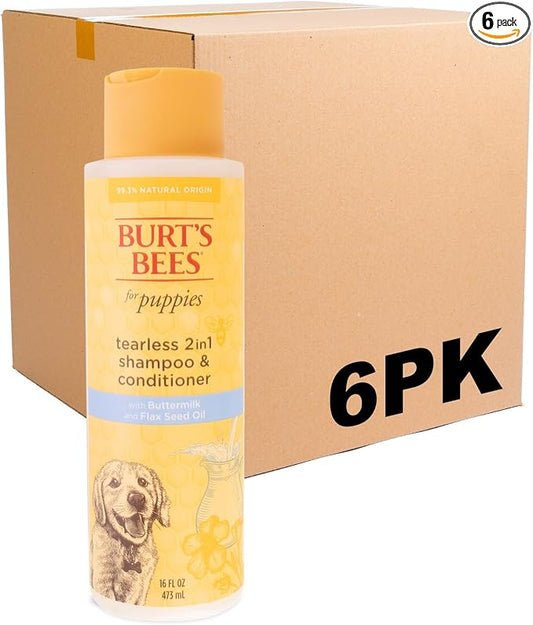 Burts Bees Tearless Shampoo & Conditioner with Buttermilk, 16 Fl Oz, 6-Pk | Gentle 2-in-1 formula cleans and conditions sensitive puppy skin and coat, tearless for easy bath time