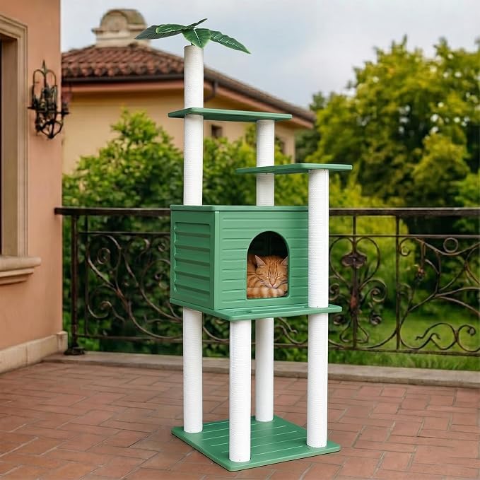 Outdoor Tall Weatherproof Cat Tree Tower with PE Board and Cat Scratch Post | 72in Green Multi-Level Cat Tree with Spacious Cat Condo,Waterproof Board,Easy to Assemble&Clean,for Indoor&Outdoor Use CTT-4