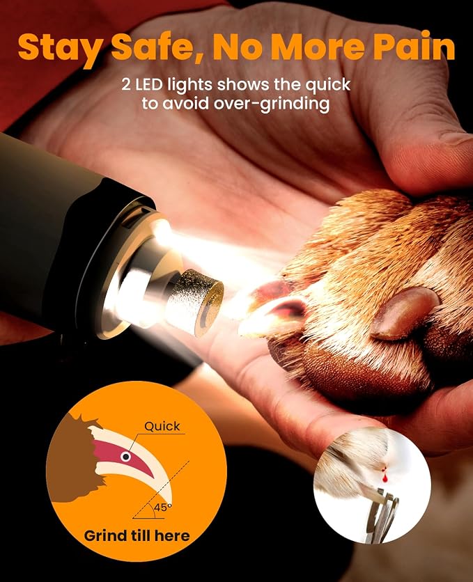 oneisall 3 in 1 Dog Nail Grinder & Paw Trimmer Kit, 2 LED Lights | 2 Replaceable Blades, 6500/7500RPM, 2 Speeds, Low Noise, Cordless & Rechargeable, Safe for Paw, Face, Ears, Body