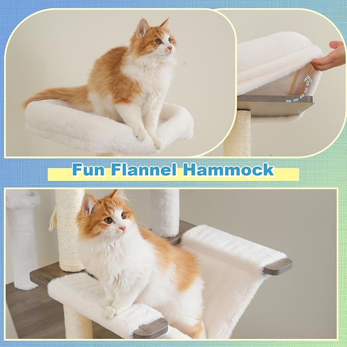 Hey-brother Wooden Cat Tree, Furniture Tower with Large Platforms, MPJ121SG | 69.7 inch, Modern Full Sisal Scratching Posts, Hammocks, Spacious Condo, Ladder, Brush, Water Proof Surface, Rustic Gray