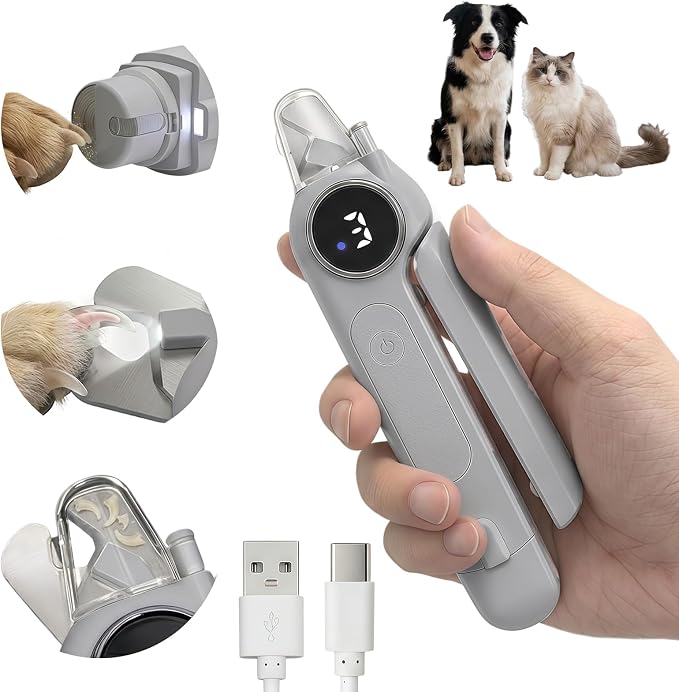 2-in-1 Quiet Electric Pet Nail Clipper & Grinder with Light for Dogs Cats | 3-Speed Grinding, Nail Catcher, Safety Guard, Low-Noise Motor, USB Rechargeable Design for Stress-Free Home Grooming