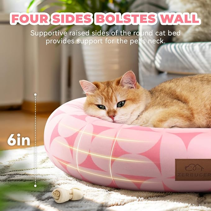 Zerbuger Cat Bed, 20In Dog Beds for Small Dogs, Calming Cat & Dog Beds for Indoor Pets, Pet Beds Comfortable Donut Round Ultra Soft (Pink Pattern, 20.0" L x 20.0" W x 6.5" Th)