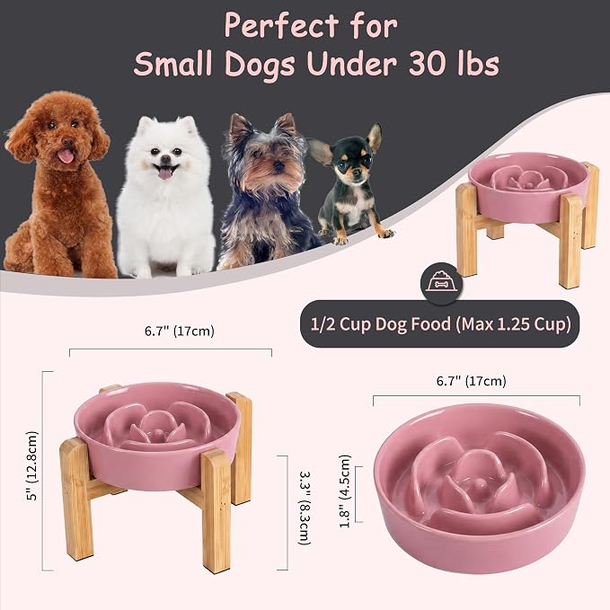 Elevated Slow Feeder Dog Bowl - Ceramic Maze Food Dish with Bamboo Stand - Raised Feeding Bowl for Fast Eaters - Ideal for Small and Medium Dogs - Pink - 6.7 inch