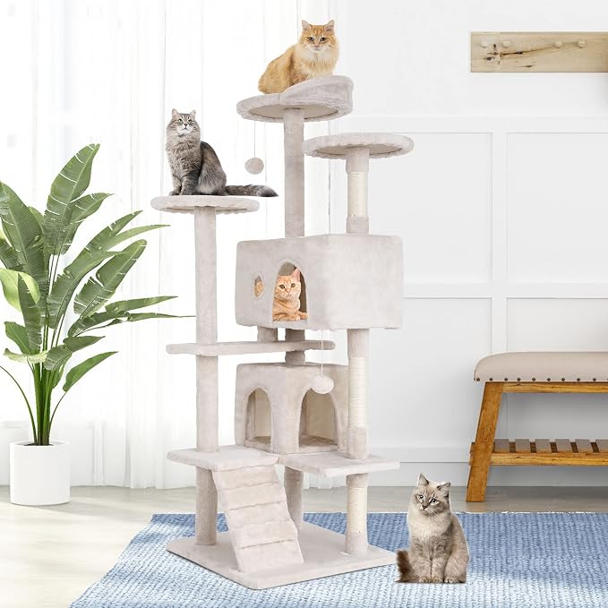 BestPet | 54" Cat Tree Tower | Beige | Sturdy Multi-Level Cat Tree | with Plush Condo, Cozy Perch, Sisal Scratching Posts, Hanging Toy and Stable Frame | Easy Assembly | for Kittens & Adult Cats