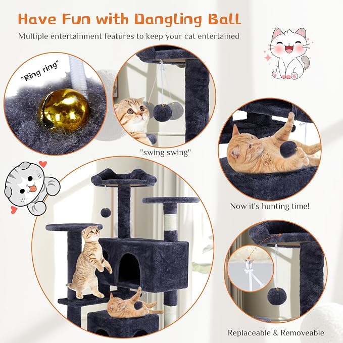 Sweetcrispy 54 Inch Cat Tree Tower with Scratching Post, Indoor Use | Multi-Level Cat Tower with Condo with Climbing Ladder, Plush Toy, Play House for Kittens, Dark Grey