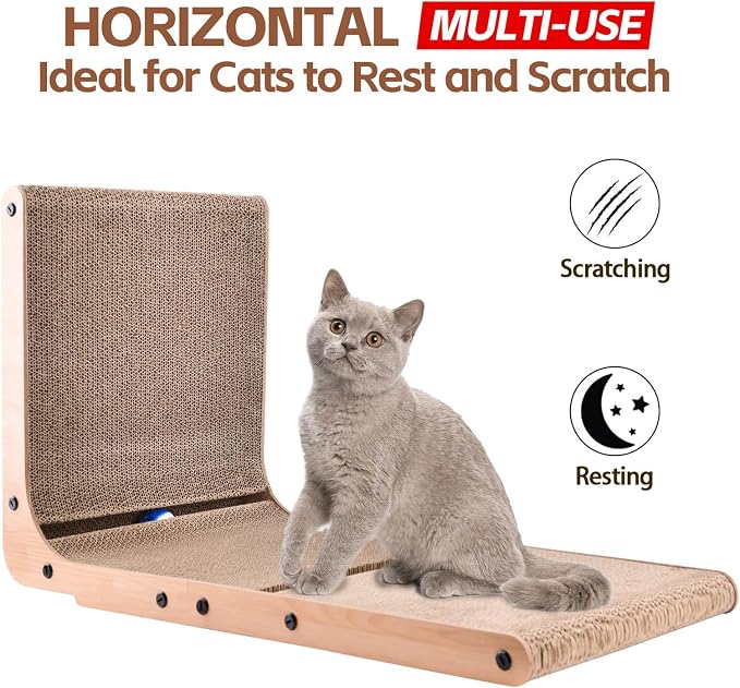 AUSCAT L-Shape Cardboard Cat Scratcher, 27.2 Inch Vertical Cardboard Scratcher for Indoor Cats with 2 Built-in Toy Balls