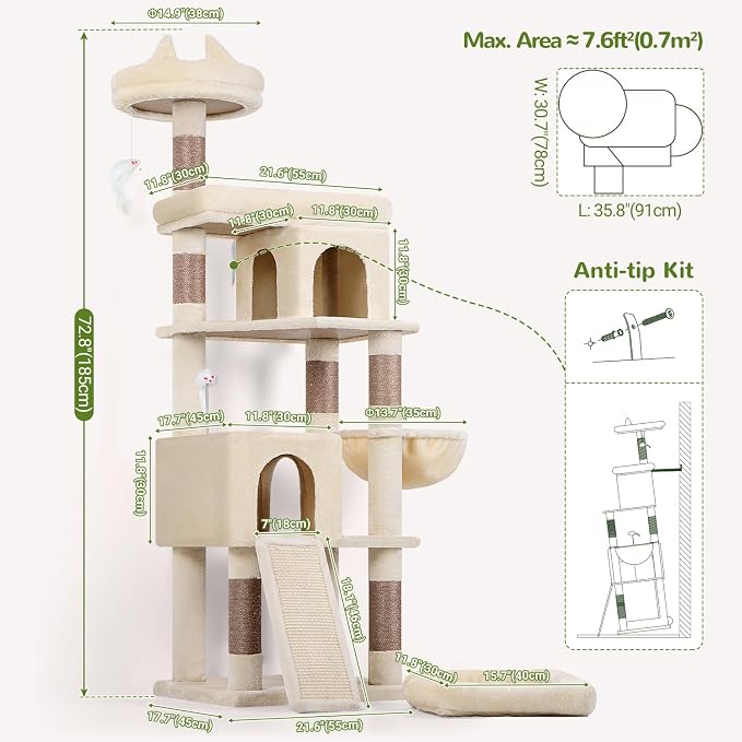 Globlazer Heavy Duty Cat Trees for Large Cats, Sturdy 72in Maine Coon Cat Tree for Large Cat 20 lbs+ Heavy Duty Cat Tower for Adult Biggest Cats with 6 Scratching Posts, Hammock, S72, Beige