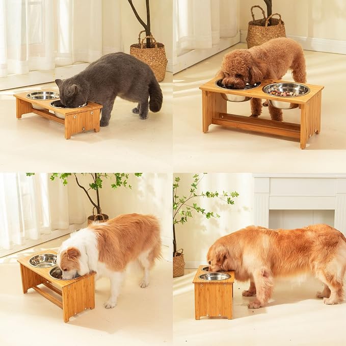 FOREYY Raised Pet Bowls for Cats and Small Dogs, Bamboo Elevated Dog Cat Food and Water Bowls Stand Feeder with 2 Stainless Steel Bowls and Anti Slip Feet (4'' Tall-20 oz Bowl)