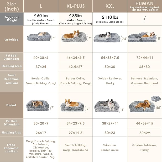 EHEYCIGA Foldable XXL Dog Bed for Large Sized Dog, 54"x38"x7.5" Faux Fur Fluffy Pet Couch Bed, Orthopedic Calming Memory Foam Big Pet Bed, Washable Pet Sofa Bed with Non-Slip Bottom, Grey