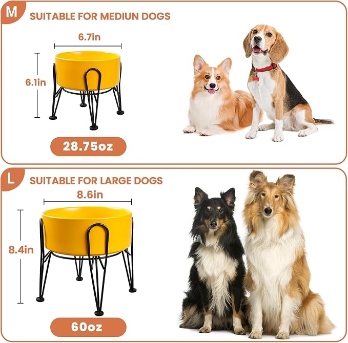 Elevated Dog Bowls, Ceramic Raised Dog Bowl Set with Anti-Slip and Non-Tip Metal Stand, 2 Pack Pet Food and Water Feeding Bowls for Small and Medium Dogs (Yellow,3.6 Cups)