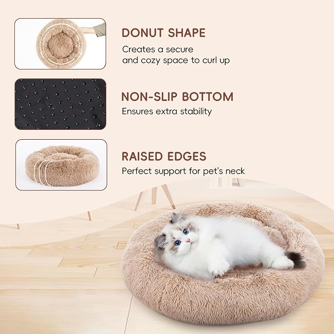 FluffyDream 30 Inch Calming Donut Bed for Dogs and Cats, Brown Washable Plush Fur Cuddle Bed