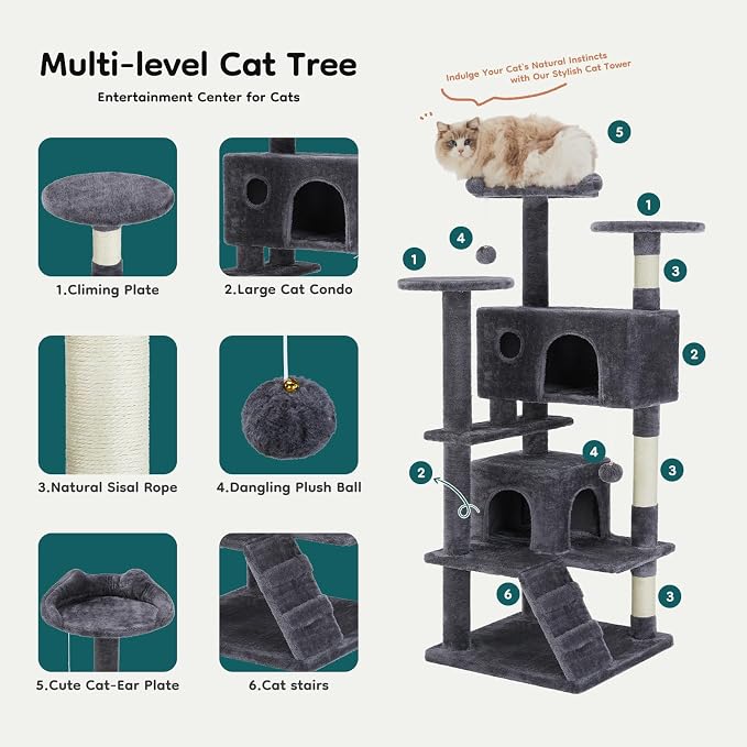 DUMOS 54 Inch Cat Tree Tower with Scratching Posts | Indoor Multi-Level Pet House for Large Cats with 2 Condos, Round Platform, Small Ladder and Toys, Grey