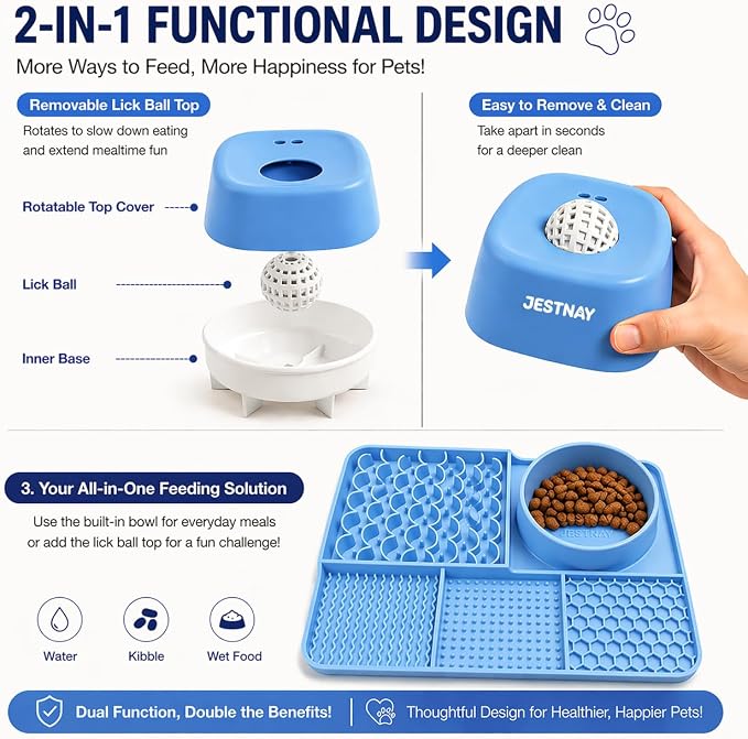 Dog Lick Mat & Slow Feeder Bowl Combo, Enrichment Toy with Puzzle Dome, 4-Texture Silicone Licking Mat for Anxiety Relief, Slow Feeding, Boredom Buster with Cleaning Brush & Silicone Spatula (Blue)