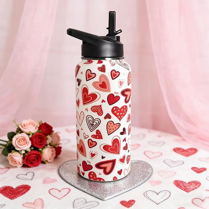 32oz Valentine Insulated Aater Water Bottle with Straw,Pink Gym Hiking Sports Coffee Mug Cup Water Bottles,Valentine Gifts for Women,Valentine Decor Stuff Accessories