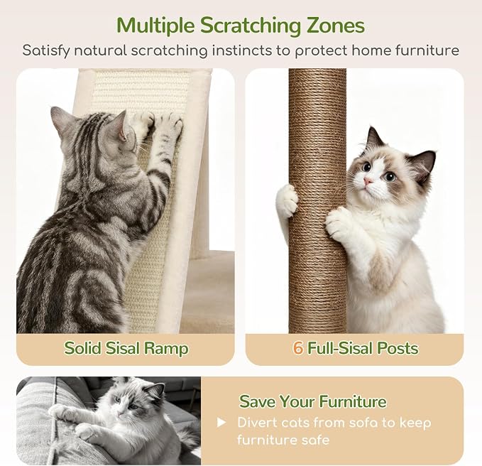 Globlazer 77in Cat Tree Tower for Indoor Cats Large Adult, F77, Beige | Heavy Duty Multi-level Climbing Tower with 6 Scratching Posts & Board, 2 Roomy Condos, 2 Padded Perches, 3 Sturdy Baskets