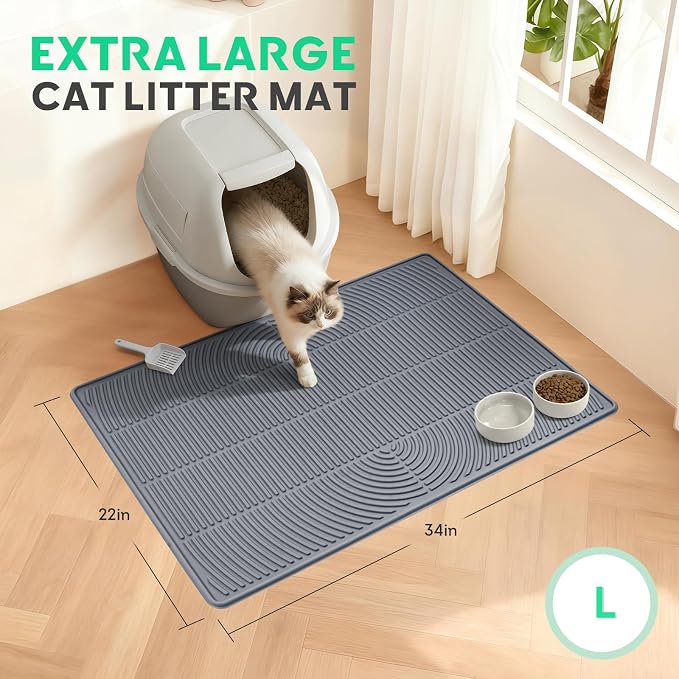 Pawtasy Cat Litter Mat,34" x 22" Large Silicone Pad for Floor Waterproof Litter Trapping Mat for Scatter Control Soft on Kitty Paws Non-Slip Easy to Clean