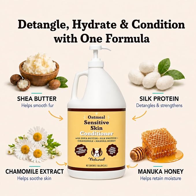 Natural Dog Company Sensitive Skin Dog Conditioner – Oatmeal Moisturizing for Sensitive & Itchy Skin, Detangling Grooming Formula for Long Haired Dogs, with Manuka Honey & Chamimile, 128 oz