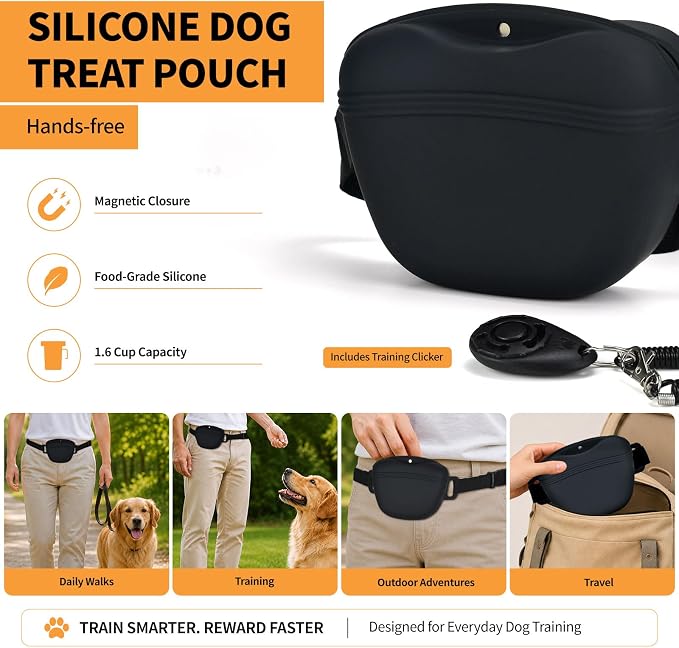 Silicone Dog Treat Pouch with Training Clicker | Upgraded Magnetic Closure, 1.6 Cup Capacity, Food-Grade Silicone, Easy Cleaning, Adjustable Belt for Training and Walking