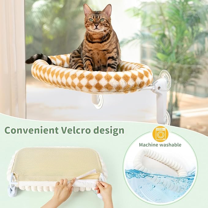 Sunhoo Foldable Cat Window Perch, Large Suction Cup Kitty Hammock, Brown | Windowsill Pet Bed for Cats Inside, Cordless Kitten Seat Supports 40 lbs, Soft Reversible Plush Cushion, Machine Washable