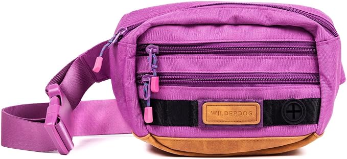 Wilderdog Utility Fanny Pack stores Treats, Balls, Keys in 3 Pockets with adjustable strap and Poop Bag dispenser (Lilac)