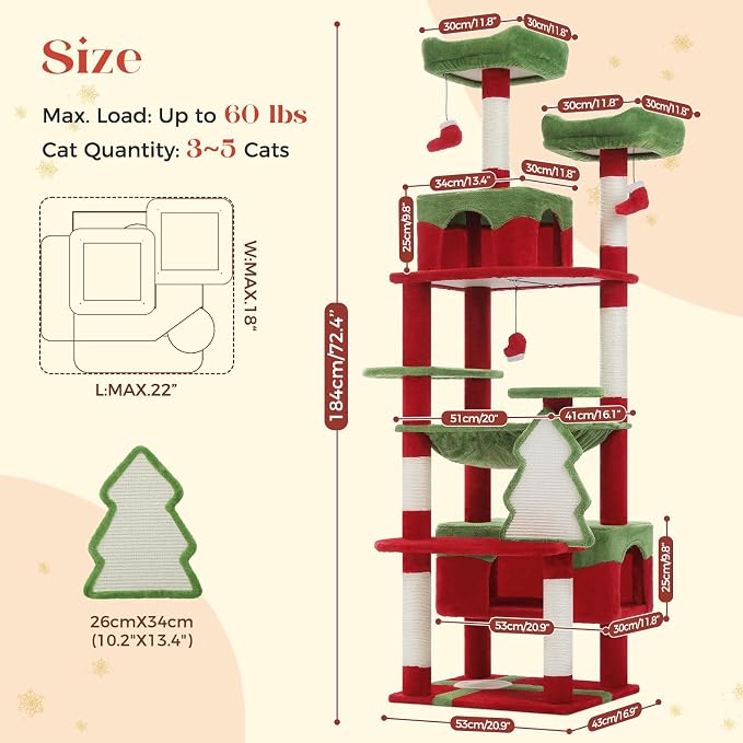 PAWZ Road Christmas Cat Tree, 72" with Big Condo, Hammock & Xmas Scratcher | Xmas red&green cat tree, 20"×16" hammock for adult cats, 7 scratch posts + pad, dual condos&perches for multi-cats