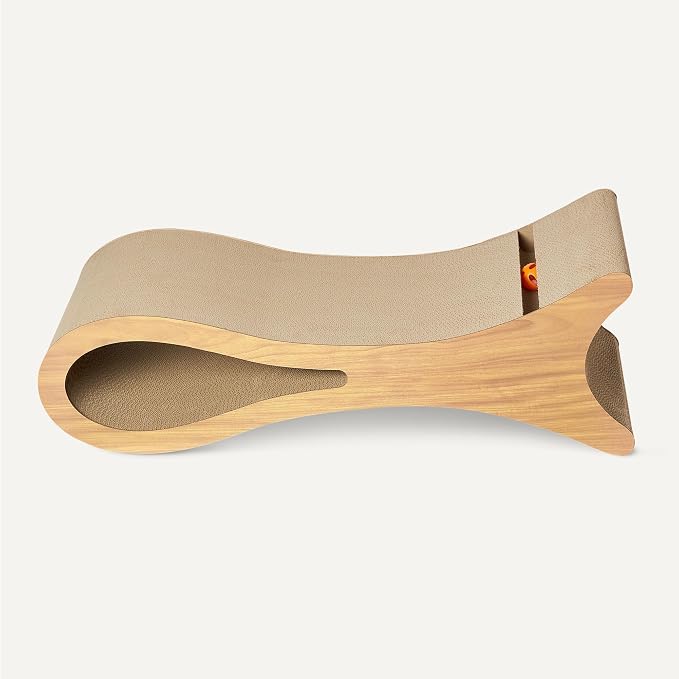 Amazon Basics Cat Scratcher Post Cat Scratcher Lounge Bed for Indoor Cats Bed Shaped Post Pad with Interactive Ball Toy & Catnip, FSC-Certified, 34.3 x 11.8 x 11.8 in, Wooden Color