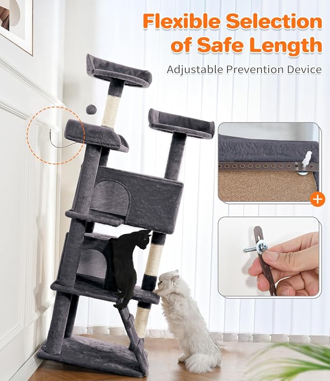 Made4Pets Cat Tree Tower 56in Cat Tower for Indoor Cats Kitten Tree Multi-Level Cat Tree with 2 Condo Furniture Activity Center with Scratching Posts Funny Toys Kittens Pet Play House, Grey