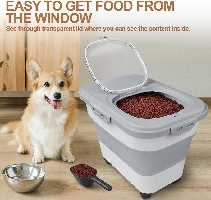 TIOVERY Dog Food Storage Container, 10-20lbs Collapsible Dog Cat Food Containers with Airtight Clear Flip-top，Rolling Wheel and Pet Food Scoop, Pet Food Storage Container Bin for Dog Cat Bird Pets