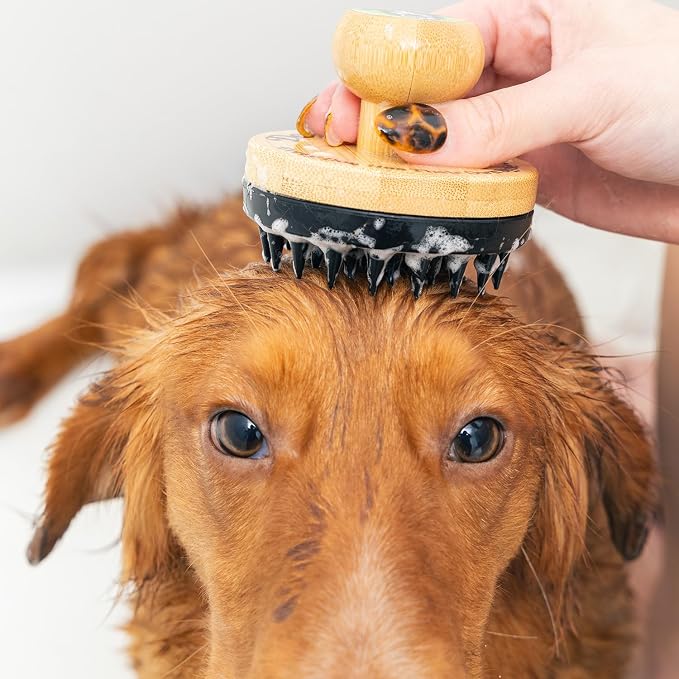 Doggy Style Small Bamboo Dog Bath Scrubber, Bamboo Handle with Soft Silicone Bristles, Shampoo & Massage Tool for Small & Medium Dogs