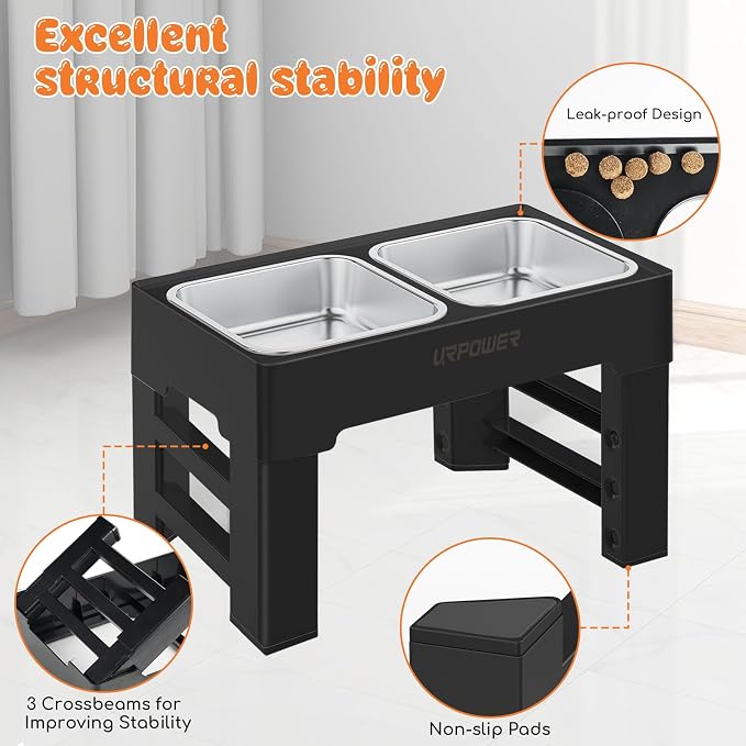 URPOWER Raised Dog Bowls 4 Height Adjustable Elevated Bowl Stand | Stainless Steel Water Bowl Non-Slip Dog Food Bowls Stand for Small Medium Large Dogs and Pets
