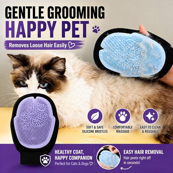 Pet Grooming Gloves for Dogs & Cats – Double Sided Deshedding Glove, Hair Remover & Massage Brush for Shedding Fur (Light Blue)
