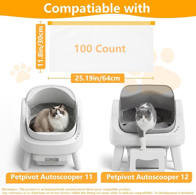 Litter Box Bags for PetPiv.o AutoScooper 11/12, 25.19x11.8in, 100 Count | Unscented, Drawstring “Pull & Lift" Cleanup, Extra Thick and Prevent Leaks, 9-10 Gallon Capacity for Multi-cat Households