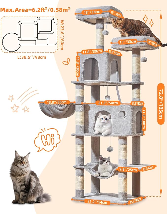 Taoqimiao Large Cat Tree, 73 in Tall Cat Tower with 2 Plush Big Cat Condos | 9 Scratching Posts, 2 Top Perches, Cozy Hammock & Basket, Indoor Cats, 2 Pompoms & Mouse Toy, Light Gray, MS013XLW