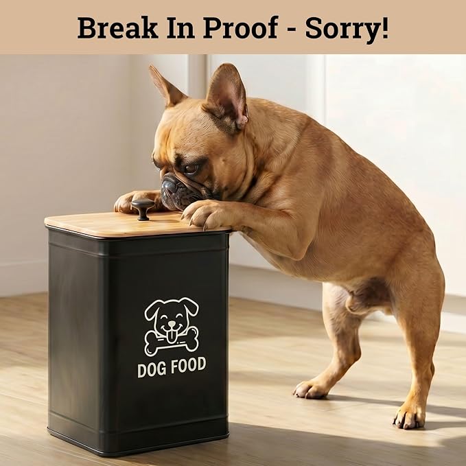 Metal Dog Food Container 5-7lb, 25 Cup w/ Airtight Bamboo Lid, Metal Handle | Pet Jar For Dogs up to 50lbs, Airtight Bamboo Lid, Sturdy Comfortable Metal Handle, Powder Coated Iron, Kibble Storage Bin