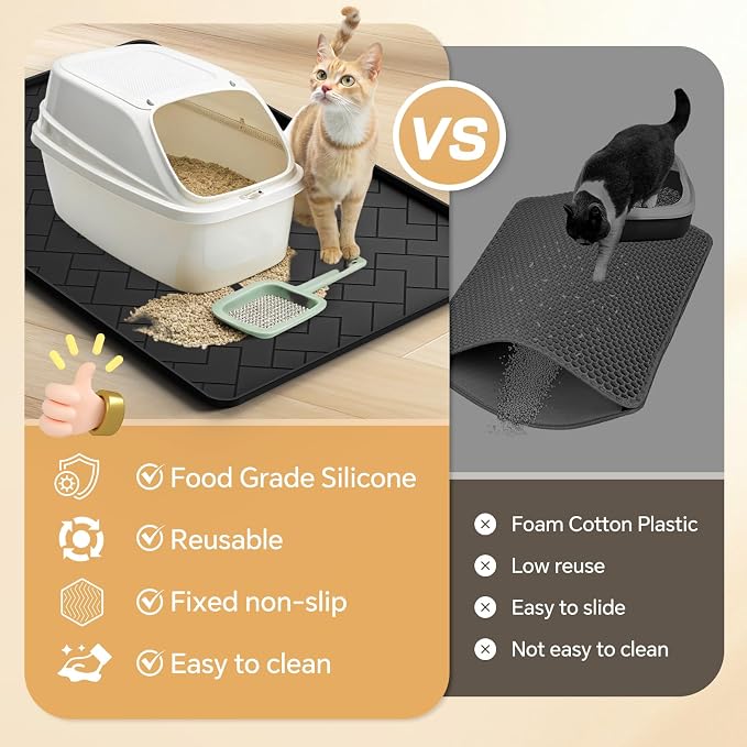 Silicone Cat Litter Mat for litter box Large 34" X 22"-Easy to Clean Cat Litter Trapping Mat, Waterproof, urine-proof and non-slip to keep the floor clean and tidy（Black）