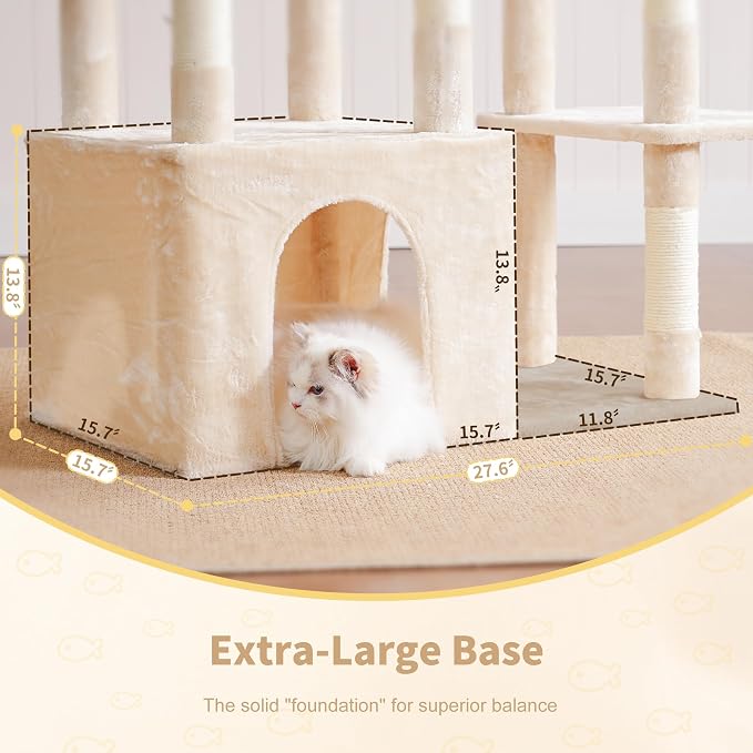 Heybly Heavy Duty Cat Tree with Large Base for Large Indoor Cats HCT026M | Cat Tower with Scratching Posts, Tall Cat Condo House , Multi-Level Plush Furniture with Hammock & Toy Balls, Beige