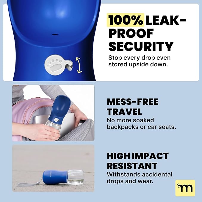 MalsiPree Dog Water Bottle Dispenser - 12 oz Navy Blue, Leak-Proof | 12oz leak-proof bottle & bowl - one-hand use - Use for dog walks, travel, hiking, park & beach days