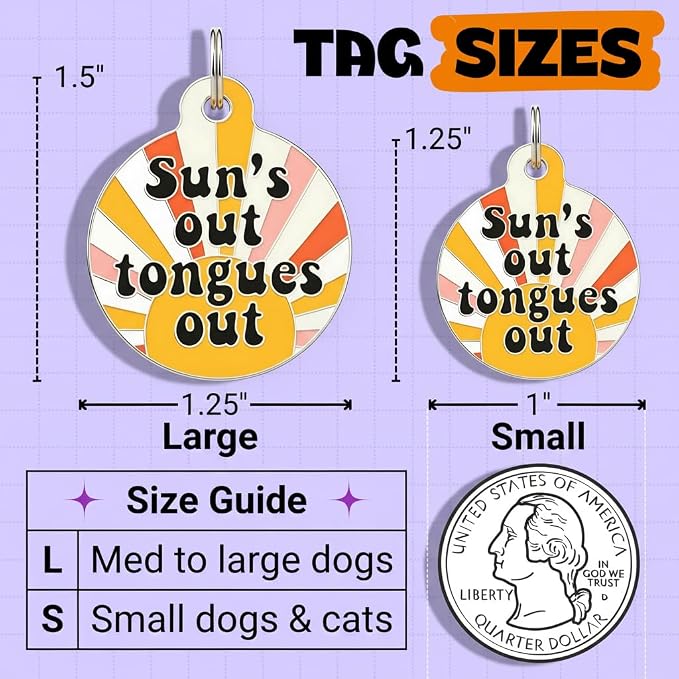 Bad Tags Personalized Dog and Cat ID Tags in 25+ Designs and 2 Sizes - 5 Lines of Custom Engraved Text - Funny Cute Personalized Pet Tags (Sun's Out Tongues Out, Large (1.25 inch))