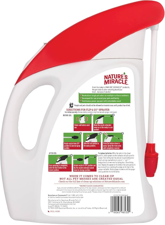 Nature's Miracle Outdoor Pet Stain & Odor Remover, 64 oz Flip & Go Sprayer | For Outdoor Dog & Cat Messes, Cleans Dog and Cat Pee, Poop, Vomit, Drool, Use On Decks, Patio Furniture, Concrete & More