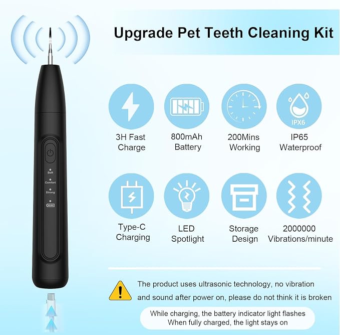 Ultrasonic Dog Plaque Remover Tool, 3 Modes Plaque and Tartar Remover for Dogs, Low Noise Sonic Dog Tartar Remover Plaque Remover with Toothbrush 2 Cleaning Head for Pet Dental Care, Black
