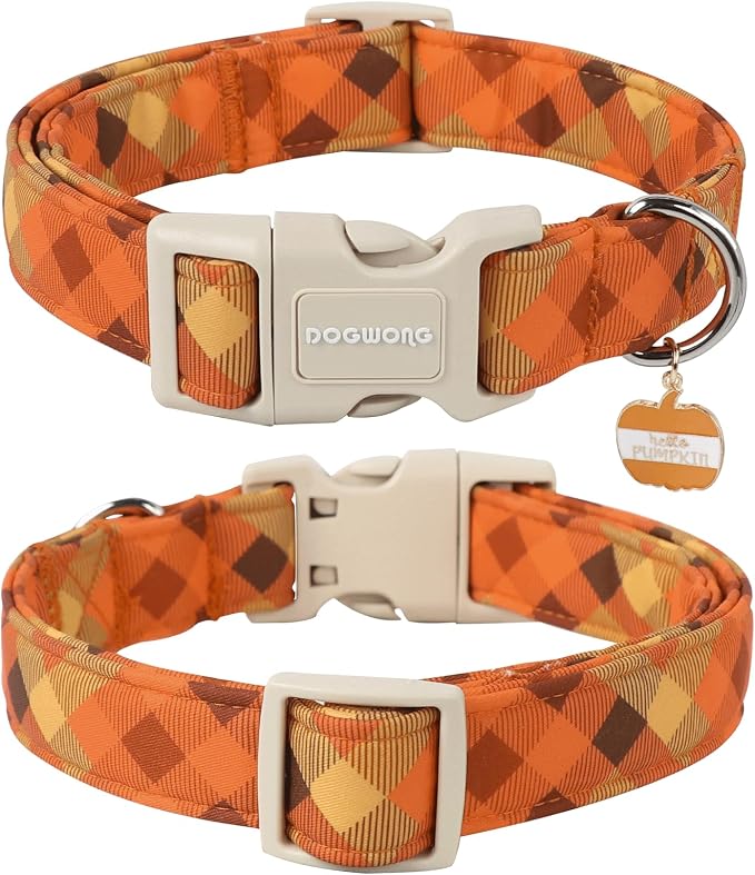 DOGWONG Fall Orange Plaid Dog Collar- Cute Designer Fall Autumn Thanksgiving Checkered Dog Collars Adjustable Halloween Dog Collar for Small Medium Large Dogs S
