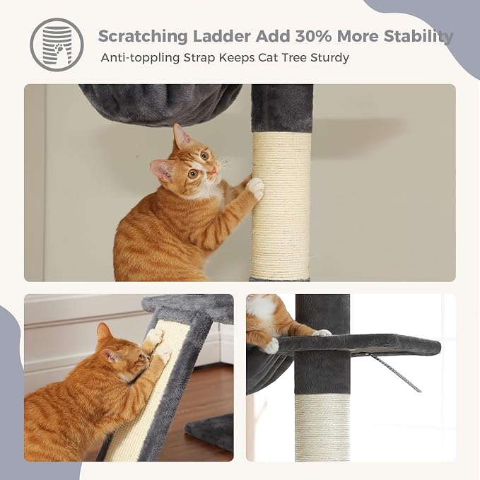 PEQULTI Floor to Ceiling Cat Tree, Adjustable 83-108in 5-Level Tower, Smoky | Tension-mounted tall cat tower with 5 levels, cozy condo, hammock & sisal scratching post; wide base for indoor adult cats