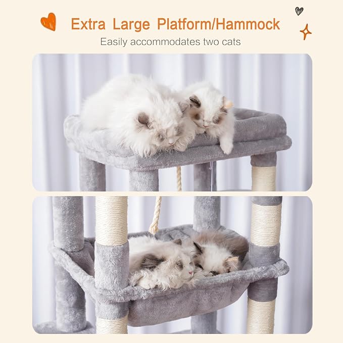 Heybly Cat Tree for Large Cats, 20lbs Heavy Duty, 60 inches HCT050W | Cat Tower for Indoor Cats with Big Padded Plush Perch, Multi-Level Furniture Condo with Cozy Basket, Light Gray